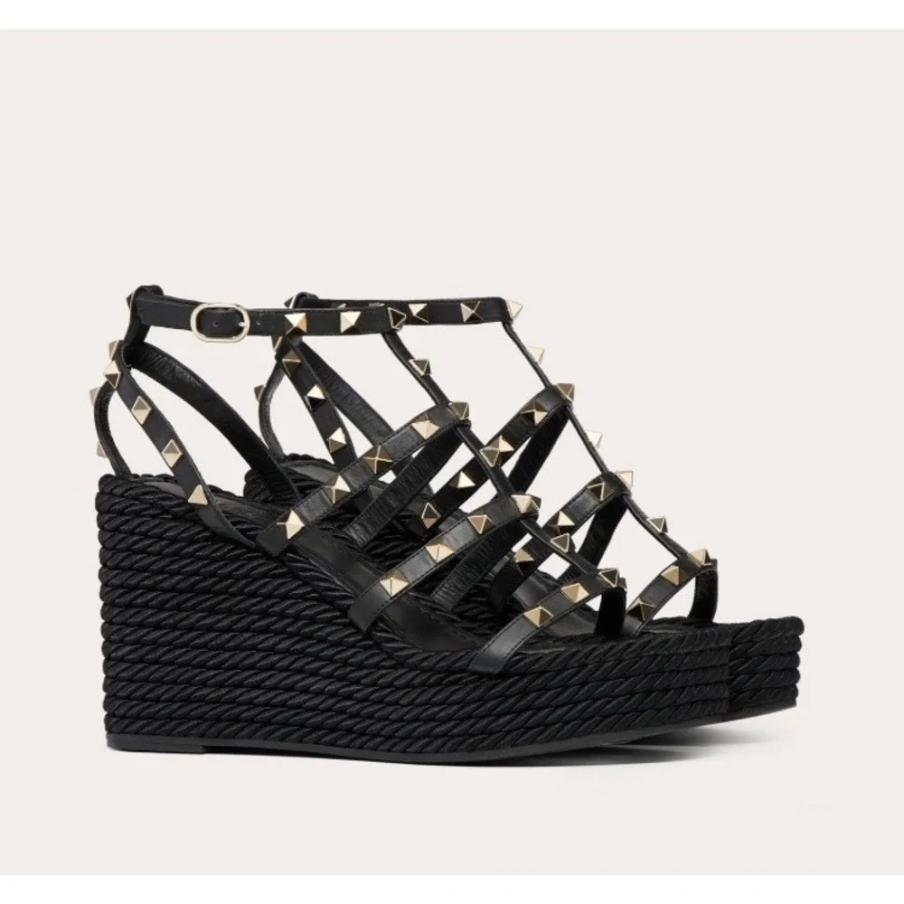 Valentino Garavani Rockstud Calfskin Wedge Sandals Black Size 41